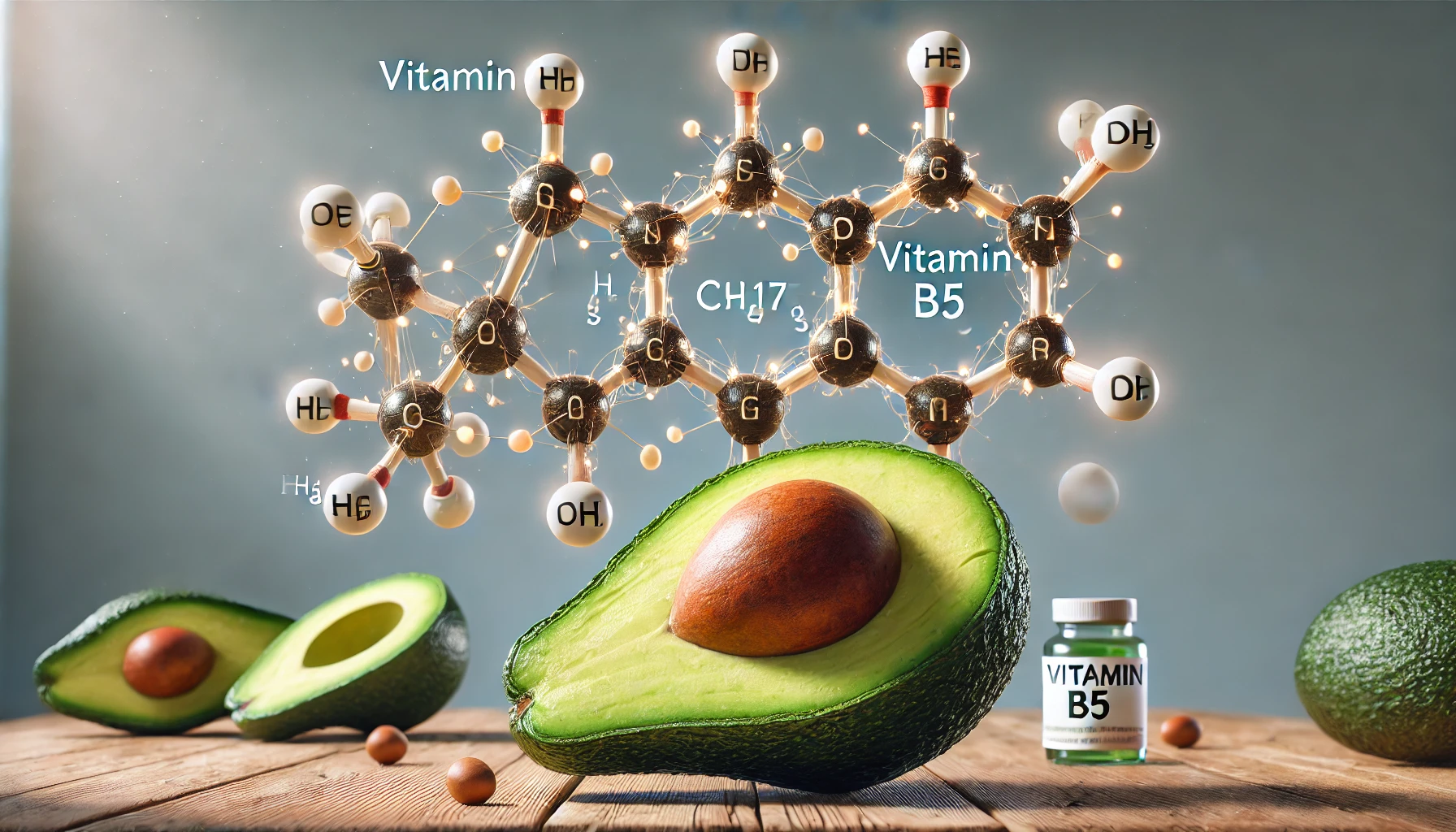 Avocado mit der chemischen Struktur von Vitamin B5 auf einem Tisch