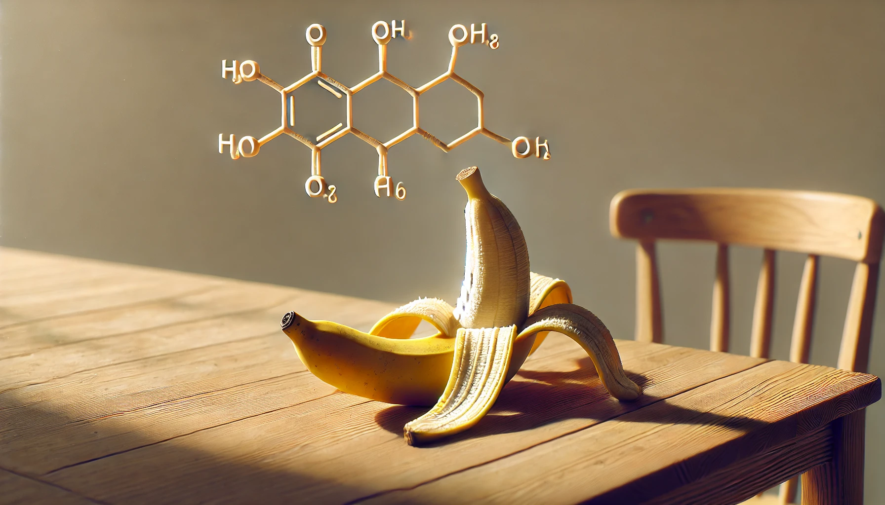 Bananen mit der chemischen Struktur von Vitamin B6 auf einem Tisch