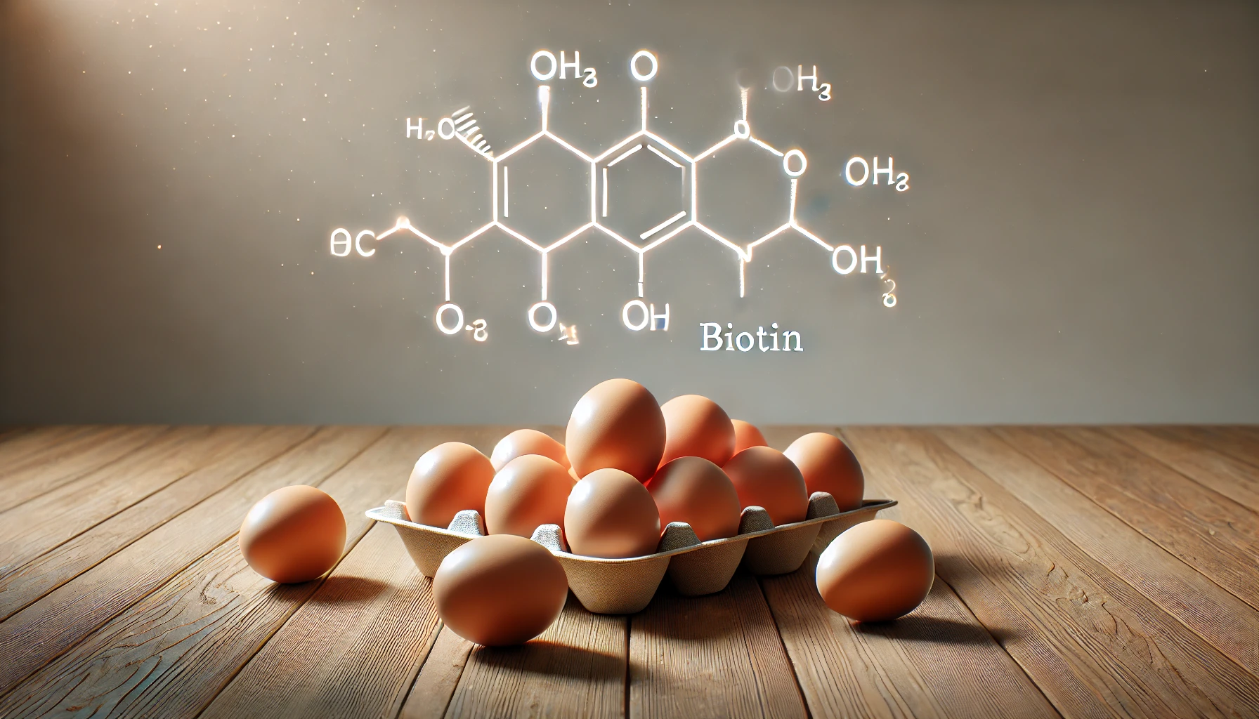 Eier mit der chemischen Struktur von Vitamin B7 auf einem Tisch