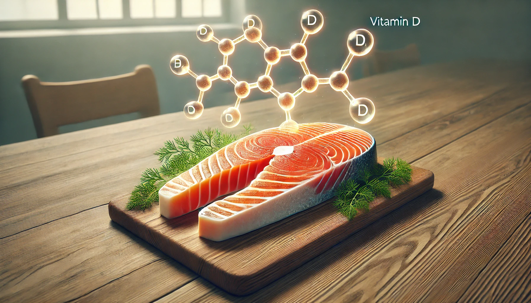 Lachs mit der chemischen Struktur von Vitamin D auf einem Tisch