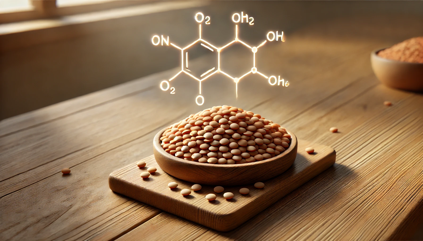 Linsen mit der chemischen Struktur von Vitamin B9 auf einem Tisch