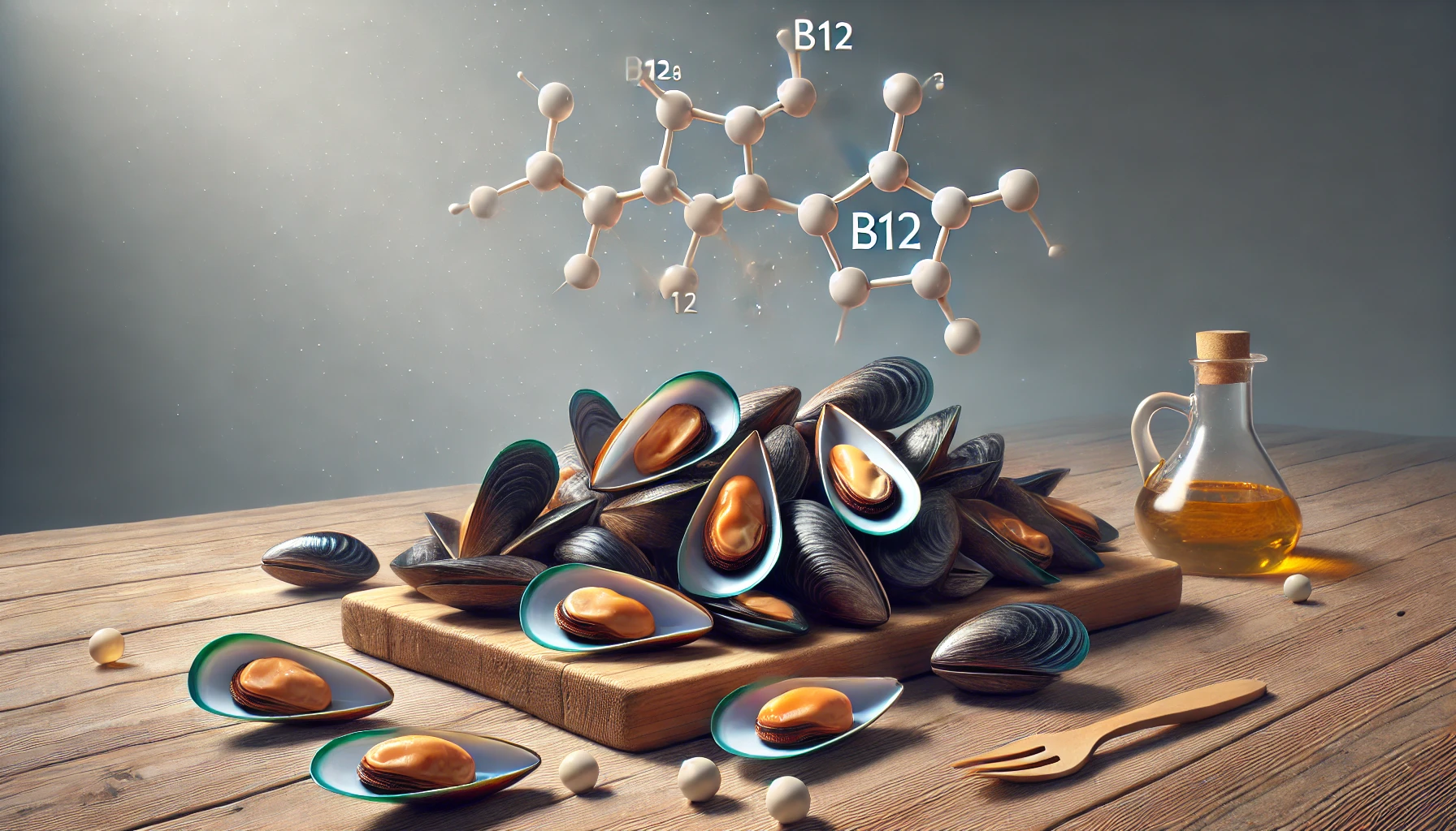 Miesmuscheln mit der chemischen Struktur von Vitamin B12 auf einem Tisch