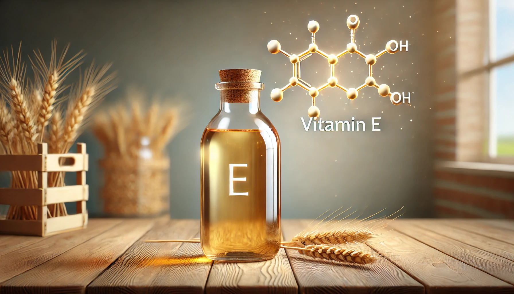 Weizenkeimöl mit der chemischen Struktur von Vitamin E auf einem Tisch